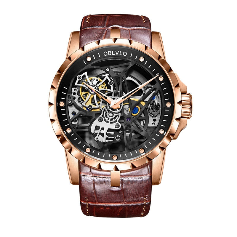 OBLVLO Luxury Sport Men Skeleton Automatically Watch Mechanical Calfskin Strap Waterproof Clock