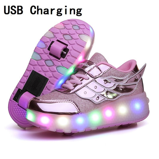 Children One Two Wheels Luminous Glowing Sneakers Gold Pink Led Light Roller Skate Shoes unisex usb charging