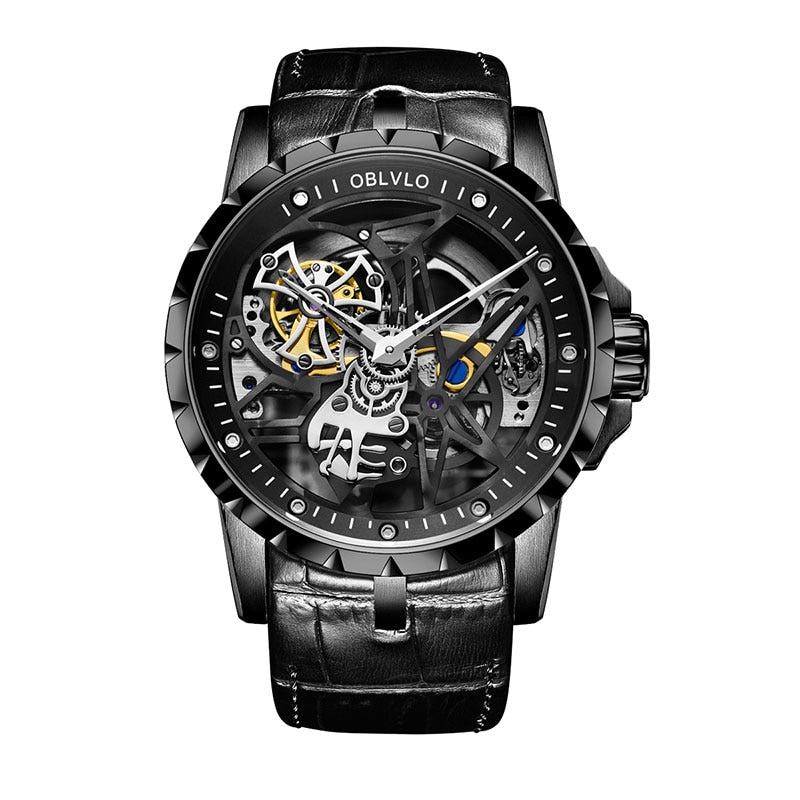 OBLVLO Luxury Sport Men Skeleton Automatically Watch Mechanical Calfskin Strap Waterproof Clock