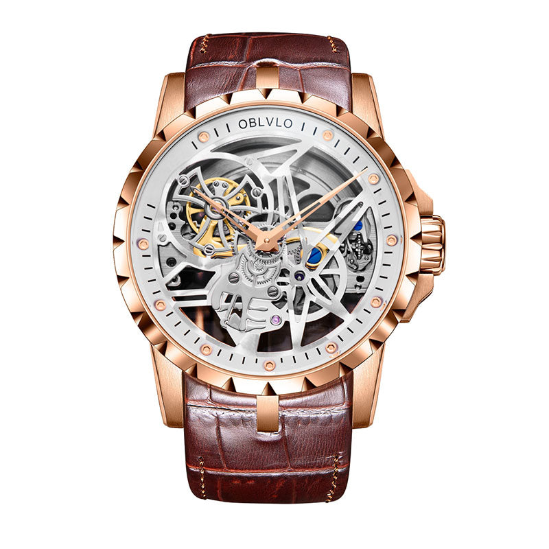 OBLVLO Luxury Sport Men Skeleton Automatically Watch Mechanical Calfskin Strap Waterproof Clock