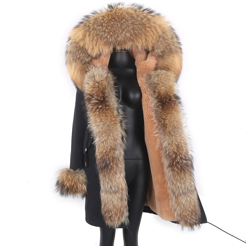Fashion Big Fur Outerwear Detachable Winter Jacket Women Real Fur Liner Natural Real Silve Fur Collar Loose Long Parkas