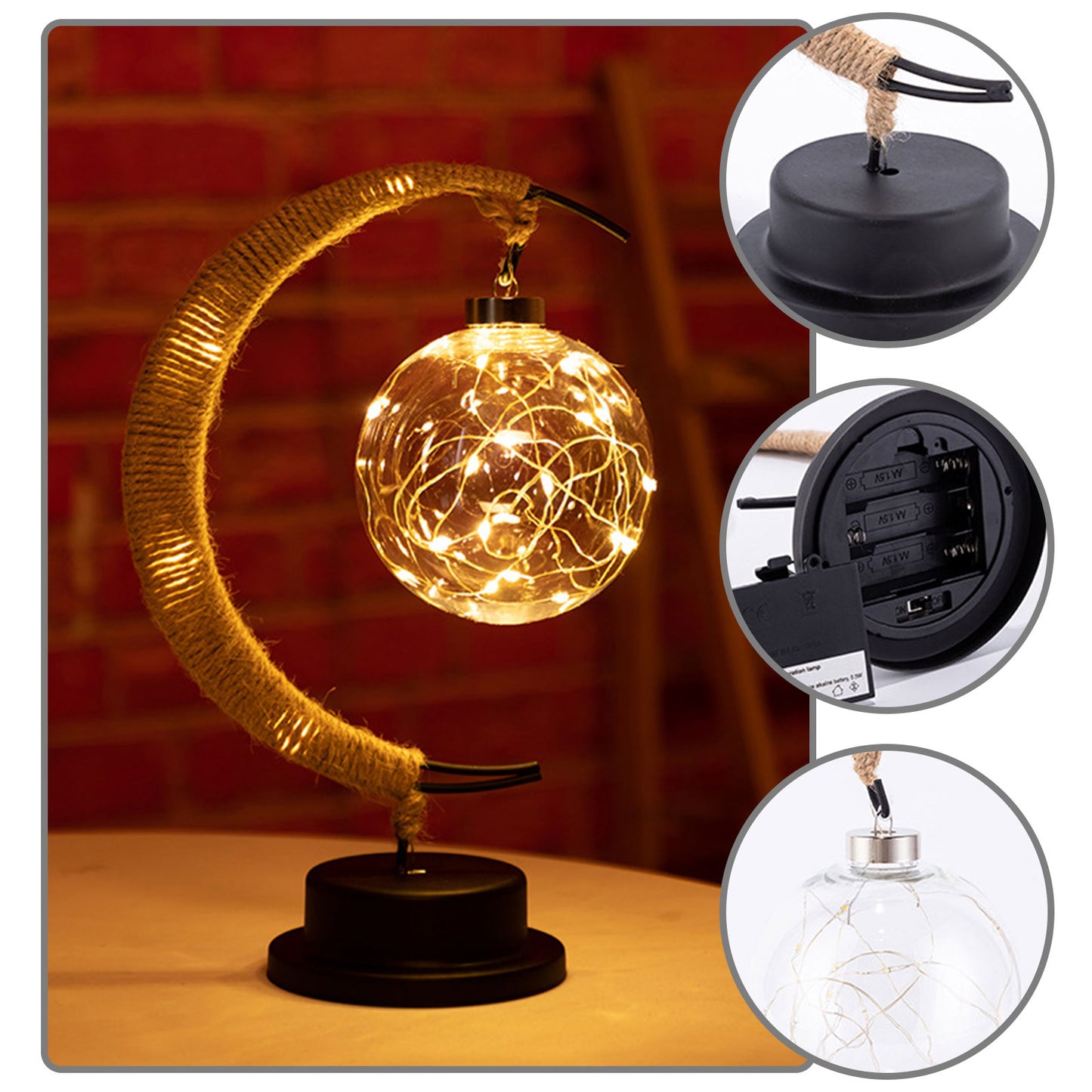 USB LED Moon Sepak Takraw Lamp Line Rattan Handmade Hemp Rope Wrought Iron Night Light Home Decoration Sleeping Lantern Light