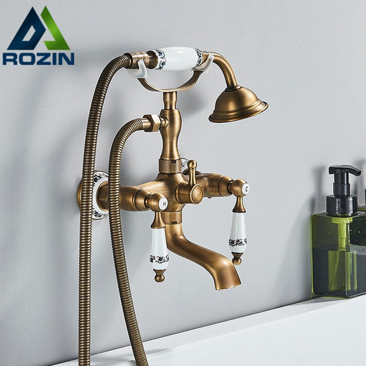 Rozin Retro Style Brass Bathtub Shower Faucet Set Dual Knobs Wall Mounted Bathtub Mixer with Handshower and Swivel Tub Spout Tap