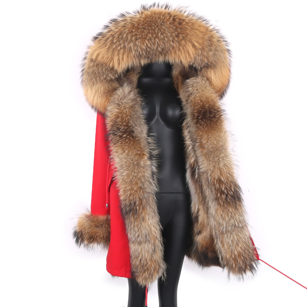 Fashion Big Fur Outerwear Detachable Winter Jacket Women Real Fur Liner Natural Real Silve Fur Collar Loose Long Parkas