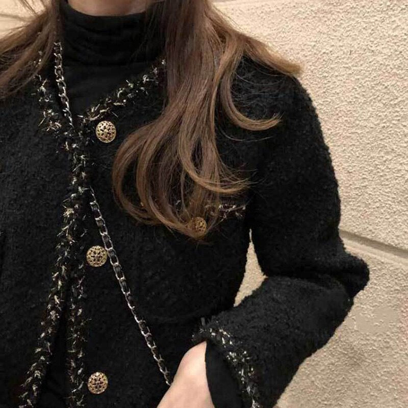 Korean Style Tweed jackets Women Elegant Blend Wool Coat With Pockets Female 2021 Autumn Single Breasted Outwear Office Lady