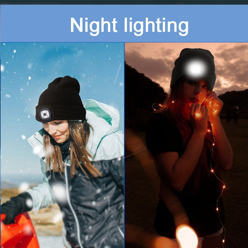 Mens Women Beanie Hat LED Light USB Rechargeable Battery Knitted Warm hat Walking night running mountain climbing hat