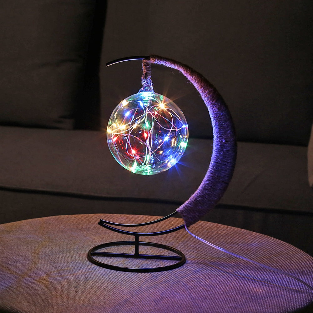 USB LED Moon Sepak Takraw Lamp Line Rattan Handmade Hemp Rope Wrought Iron Night Light Home Decoration Sleeping Lantern Light