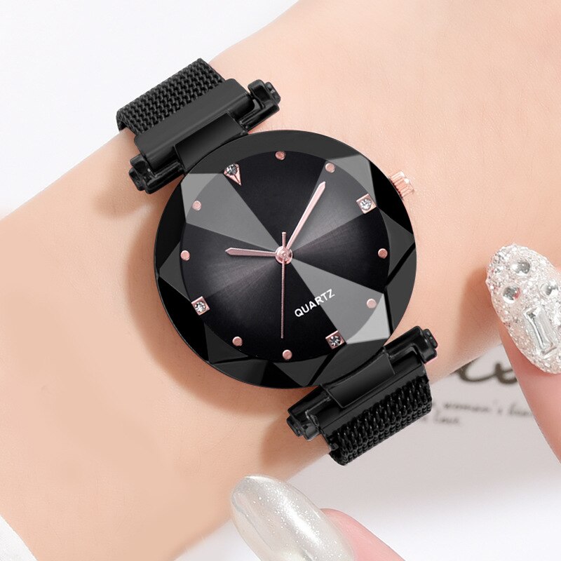 Best Selling Women Mesh Magnet Buckle Starry Sky Watch Casual Luxury Ladies Geometric Surface Quartz Watches Relogio Feminino