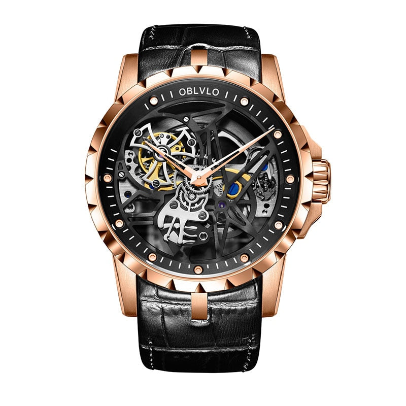 OBLVLO Luxury Sport Men Skeleton Automatically Watch Mechanical Calfskin Strap Waterproof Clock