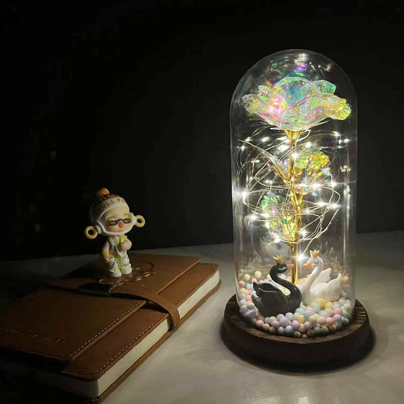 LED Enchanted Galaxy Rose Eternal 24K Gold Foil Flower With Fairy String Lights In Dome For Christmas Valentine Day Gift