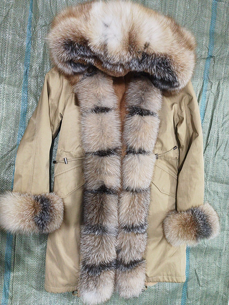 Fashion Big Fur Outerwear Detachable Winter Jacket Women Real Fur Liner Natural Real Silve Fur Collar Loose Long Parkas