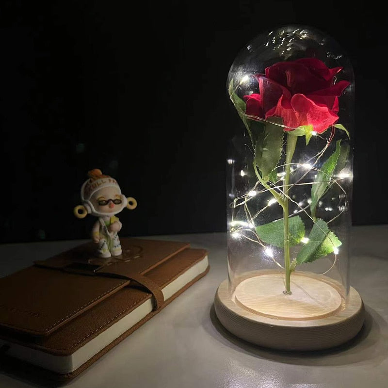 LED Enchanted Galaxy Rose Eternal 24K Gold Foil Flower with Fairy String Lights In Dome for Christmas Valentine Day Gift