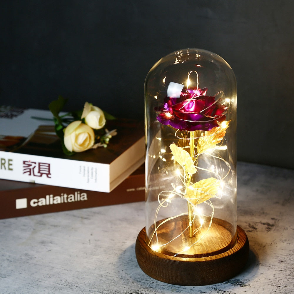 LED Enchanted Galaxy Rose Eternal 24K Gold Foil Flower With Fairy String Lights In Dome For Christmas Valentine Day Gift