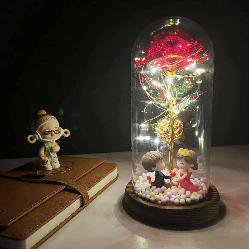 LED Enchanted Galaxy Rose Eternal 24K Gold Foil Flower with Fairy String Lights In Dome for Christmas Valentine Day Gift