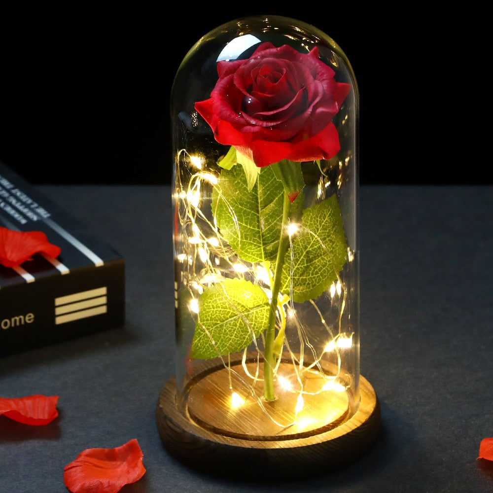 LED Enchanted Galaxy Rose Eternal 24K Gold Foil Flower With Fairy String Lights In Dome For Christmas Valentine Day Gift