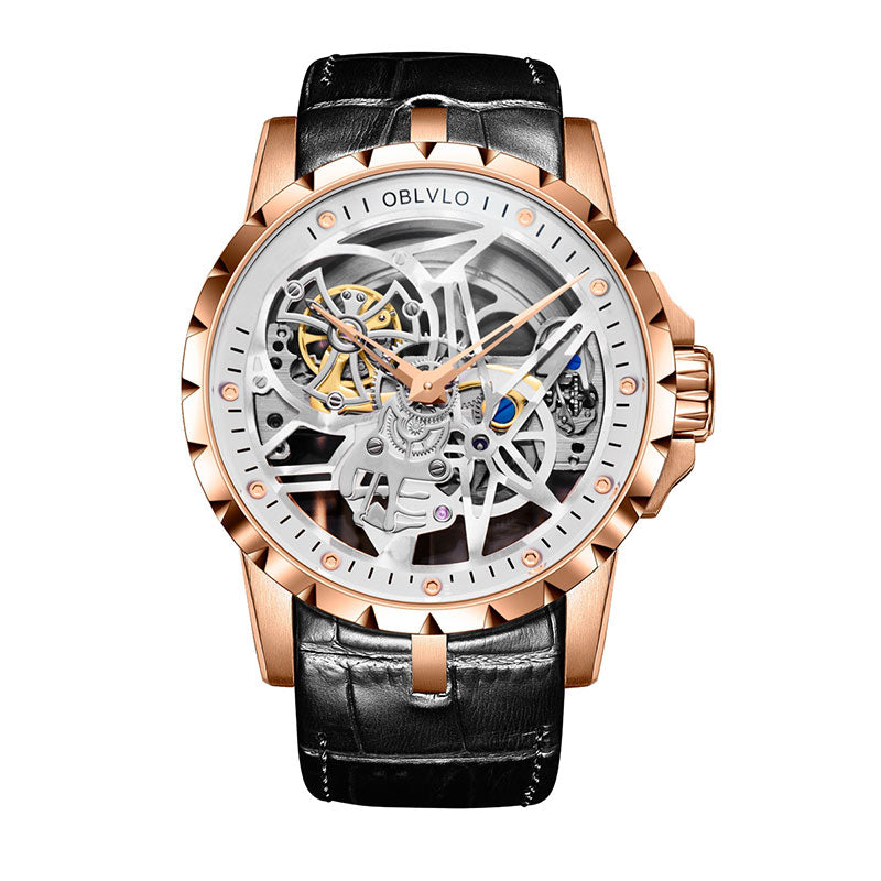 OBLVLO Luxury Sport Men Skeleton Automatically Watch Mechanical Calfskin Strap Waterproof Clock