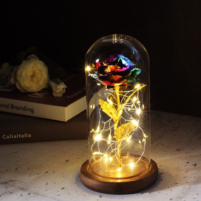 LED Enchanted Galaxy Rose Eternal 24K Gold Foil Flower with Fairy String Lights In Dome for Christmas Valentine Day Gift