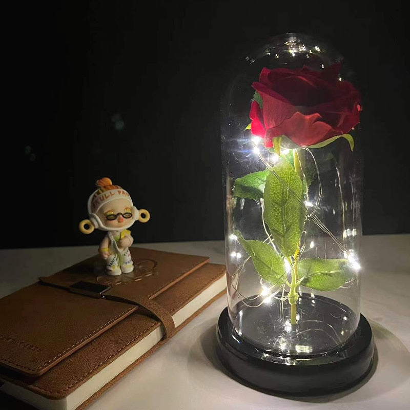 LED Enchanted Galaxy Rose Eternal 24K Gold Foil Flower with Fairy String Lights In Dome for Christmas Valentine Day Gift