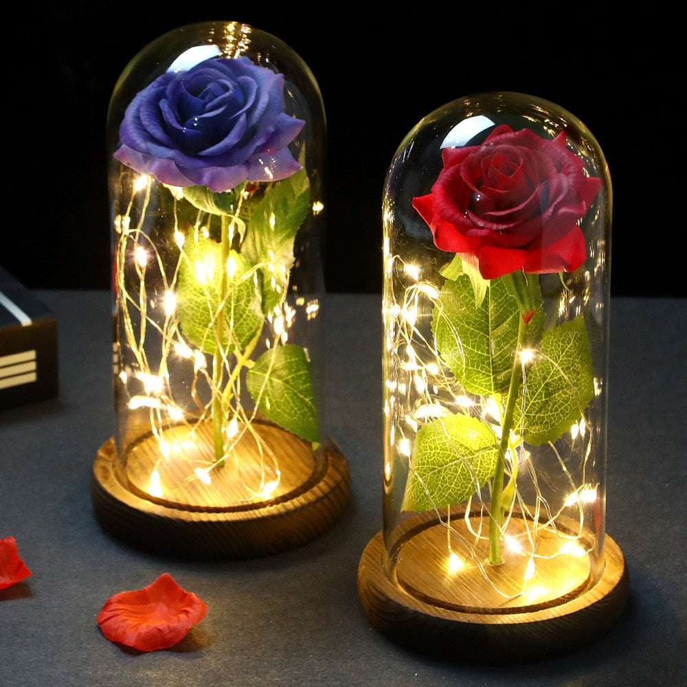 LED Enchanted Galaxy Rose Eternal 24K Gold Foil Flower With Fairy String Lights In Dome For Christmas Valentine Day Gift