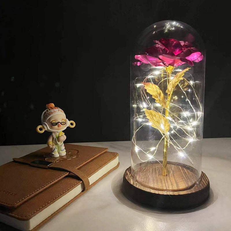 LED Enchanted Galaxy Rose Eternal 24K Gold Foil Flower with Fairy String Lights In Dome for Christmas Valentine Day Gift