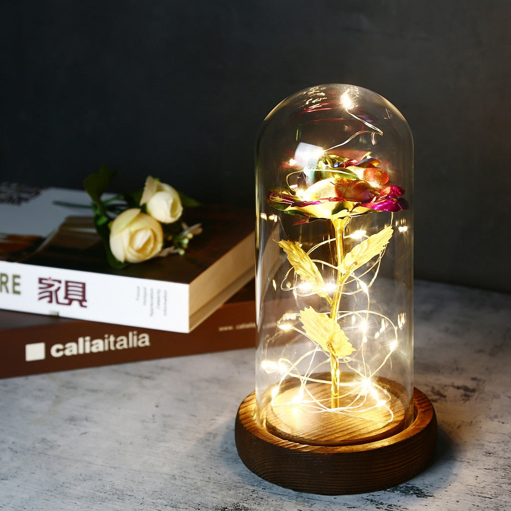 LED Enchanted Galaxy Rose Eternal 24K Gold Foil Flower With Fairy String Lights In Dome For Christmas Valentine Day Gift