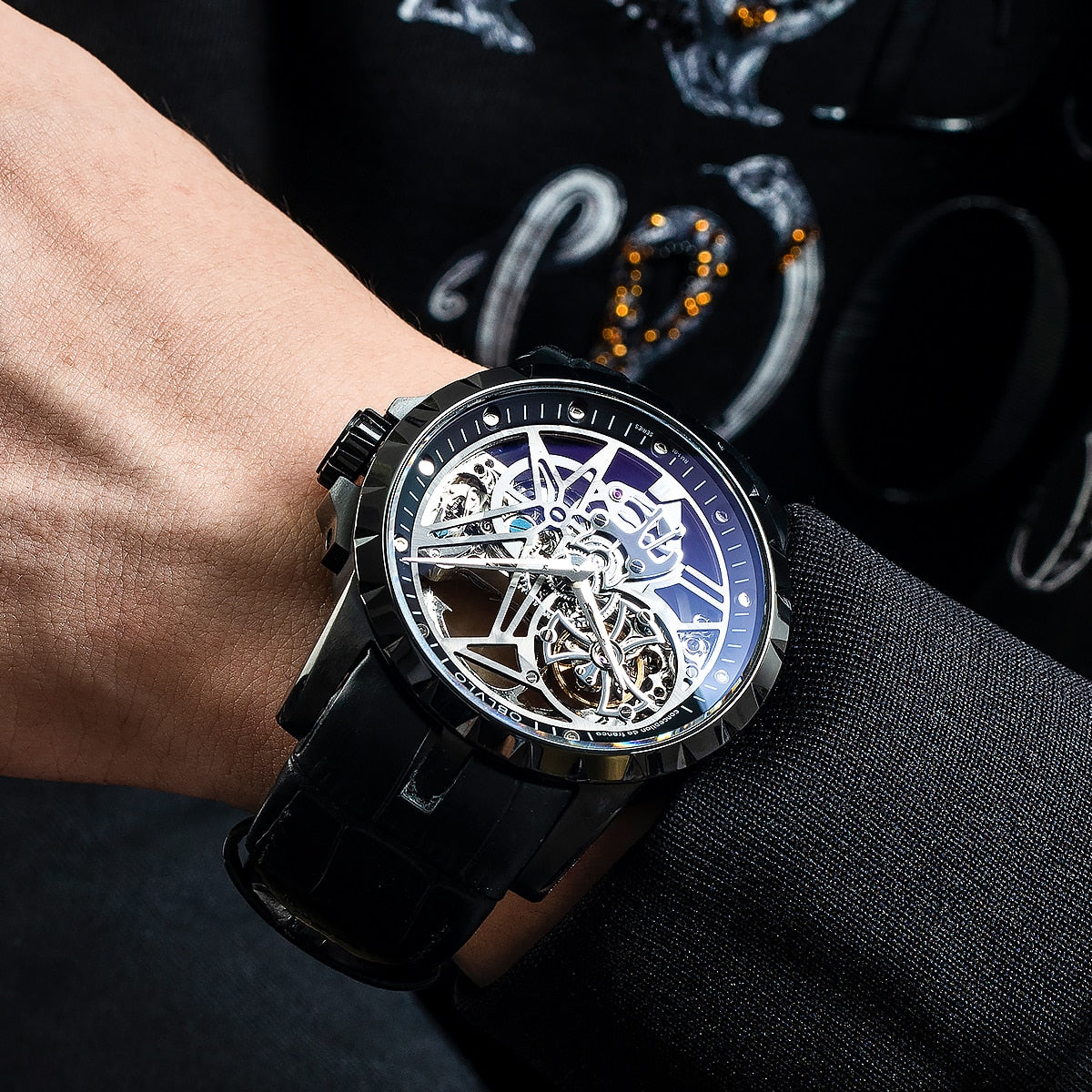 OBLVLO Luxury Sport Men Skeleton Automatically Watch Mechanical Calfskin Strap Waterproof Clock