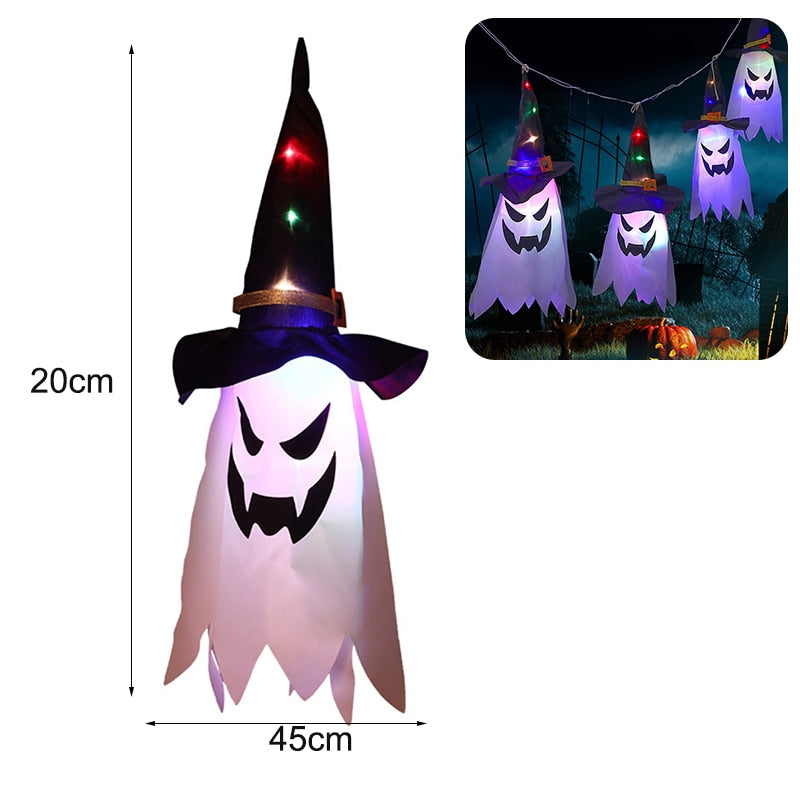 Halloween Decoration LED Flashing Light Gypsophila Ghost Festival Dress Up Glowing Wizard Ghost Hat Lamp Decor Hanging Lantern