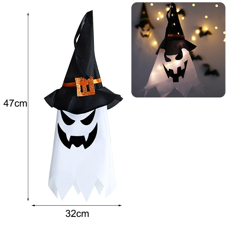 Halloween Decoration LED Flashing Light Gypsophila Ghost Festival Dress Up Glowing Wizard Ghost Hat Lamp Decor Hanging Lantern