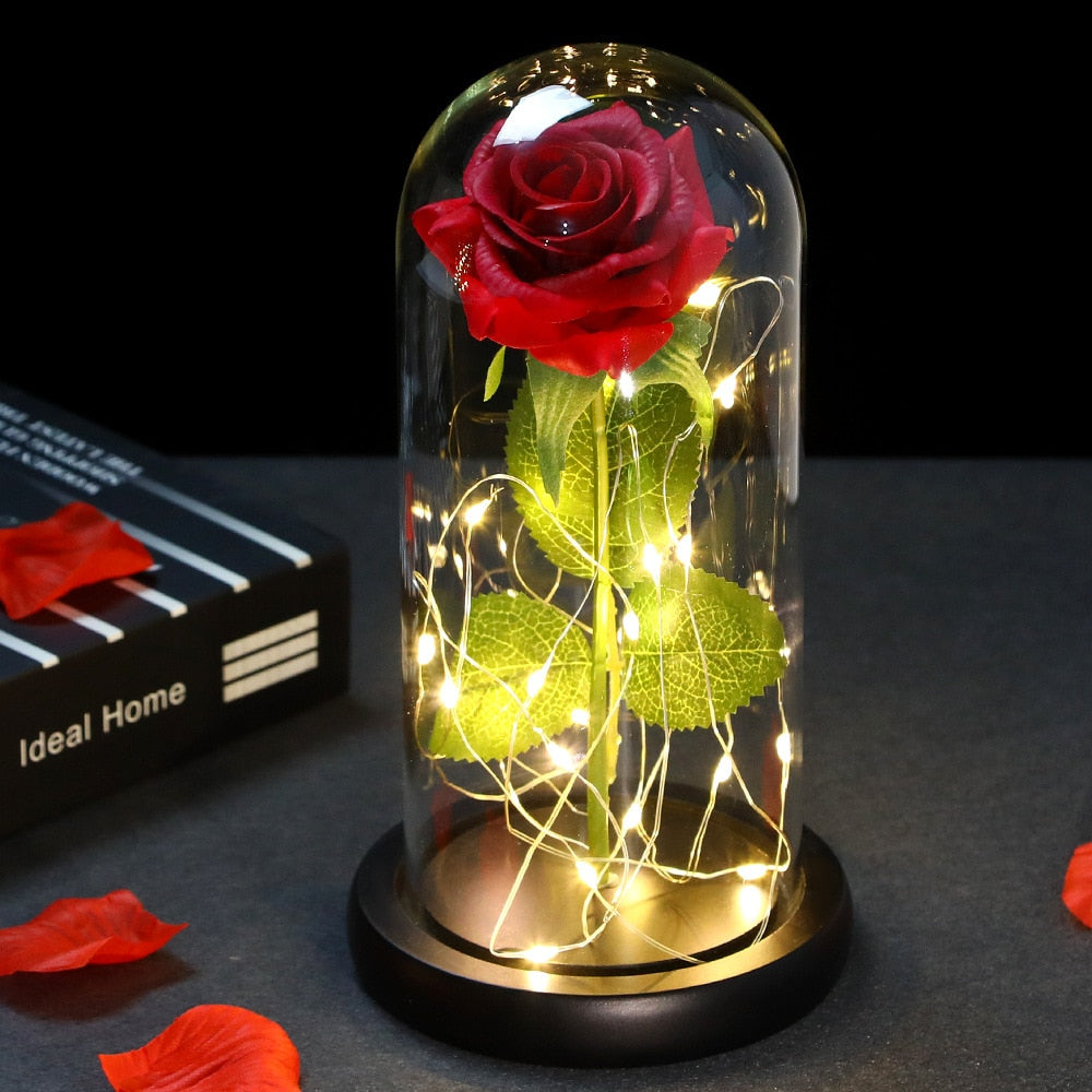 LED Enchanted Galaxy Rose Eternal 24K Gold Foil Flower With Fairy String Lights In Dome For Christmas Valentine Day Gift