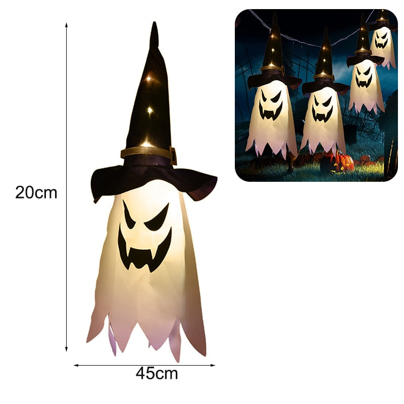 Halloween Decoration LED Flashing Light Gypsophila Ghost Festival Dress Up Glowing Wizard Ghost Hat Lamp Decor Hanging Lantern