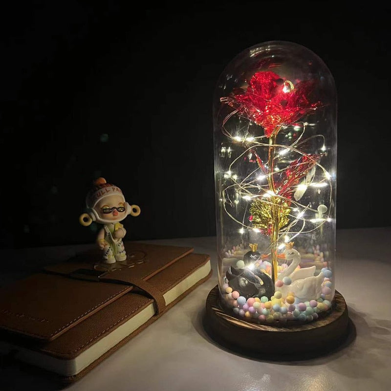 LED Enchanted Galaxy Rose Eternal 24K Gold Foil Flower With Fairy String Lights In Dome For Christmas Valentine Day Gift