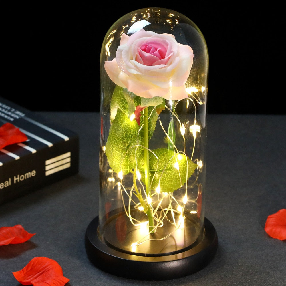 LED Enchanted Galaxy Rose Eternal 24K Gold Foil Flower With Fairy String Lights In Dome For Christmas Valentine Day Gift