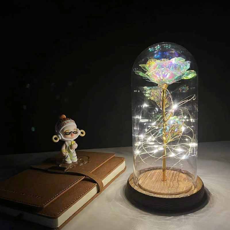 LED Enchanted Galaxy Rose Eternal 24K Gold Foil Flower with Fairy String Lights In Dome for Christmas Valentine Day Gift