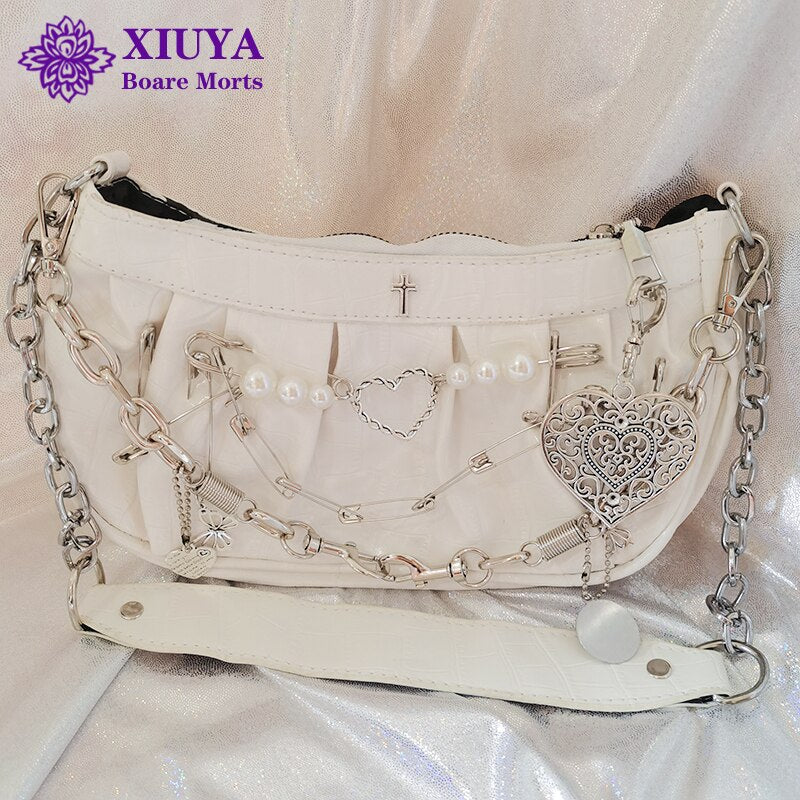 Shoulder Bag Women Vintage Cross Clip Pearl Chain Goth Bag Pleated Dumplings Handbag for Woman