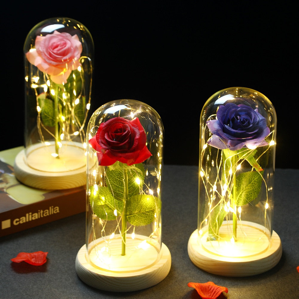 LED Enchanted Galaxy Rose Eternal 24K Gold Foil Flower With Fairy String Lights In Dome For Christmas Valentine Day Gift