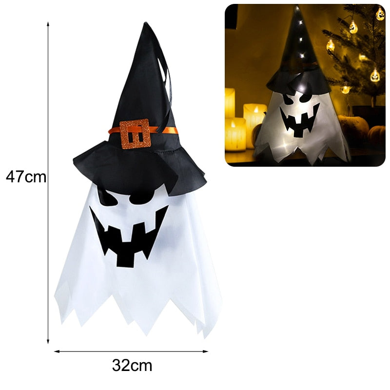 Halloween Decoration LED Flashing Light Gypsophila Ghost Festival Dress Up Glowing Wizard Ghost Hat Lamp Decor Hanging Lantern