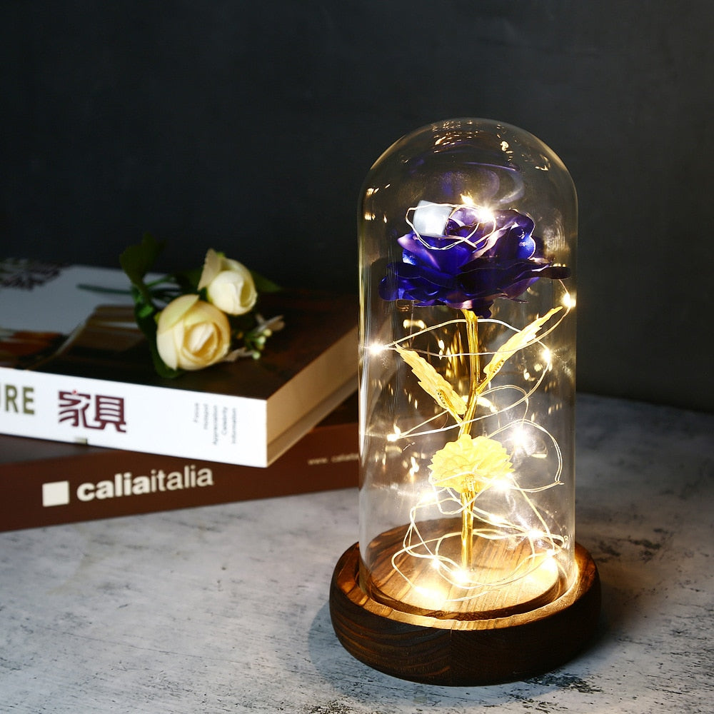 LED Enchanted Galaxy Rose Eternal 24K Gold Foil Flower With Fairy String Lights In Dome For Christmas Valentine Day Gift