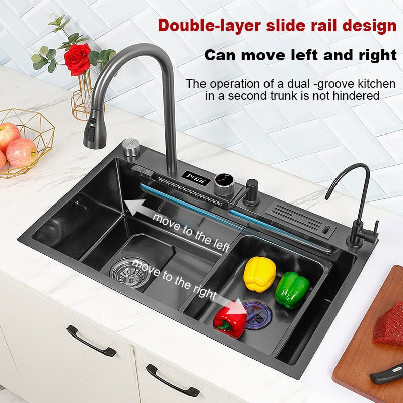 304 Stainless Steel Kitchen Waterfall Sink Digital Display Large Single Sink Dish Basin Sink With Multifunction Touch Waterfall