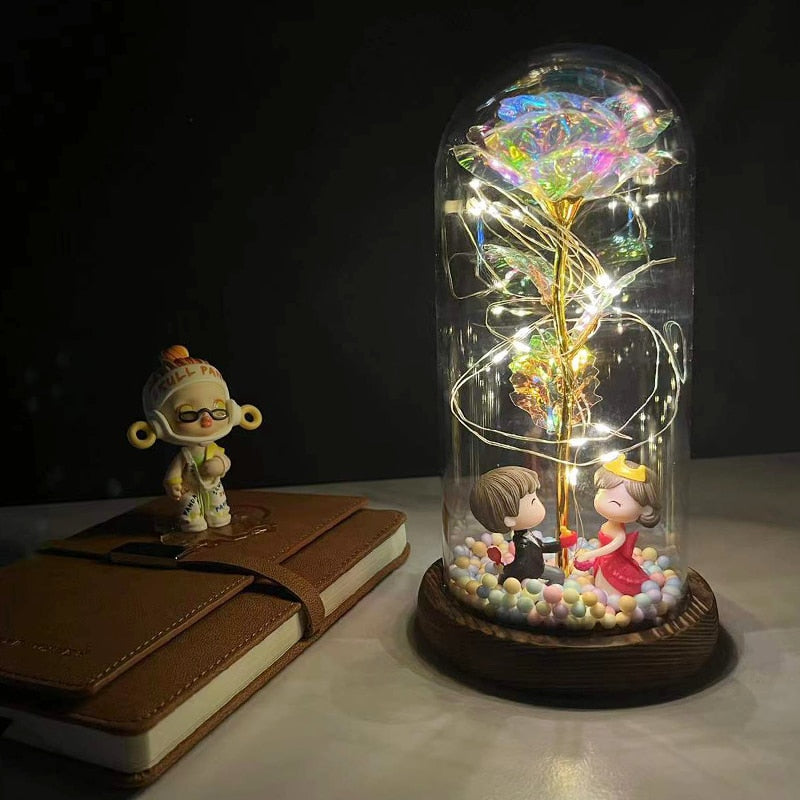 LED Enchanted Galaxy Rose Eternal 24K Gold Foil Flower With Fairy String Lights In Dome For Christmas Valentine Day Gift