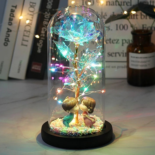 LED Enchanted Galaxy Rose Eternal 24K Gold Foil Flower with Fairy String Lights In Dome for Christmas Valentine Day Gift