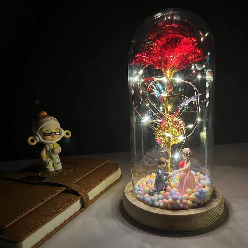 LED Enchanted Galaxy Rose Eternal 24K Gold Foil Flower With Fairy String Lights In Dome For Christmas Valentine Day Gift