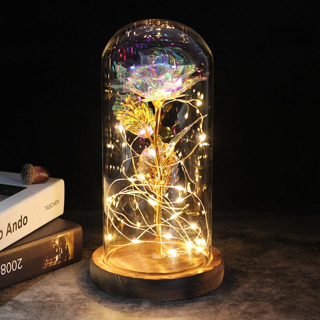 LED Enchanted Galaxy Rose Eternal 24K Gold Foil Flower With Fairy String Lights In Dome For Christmas Valentine Day Gift