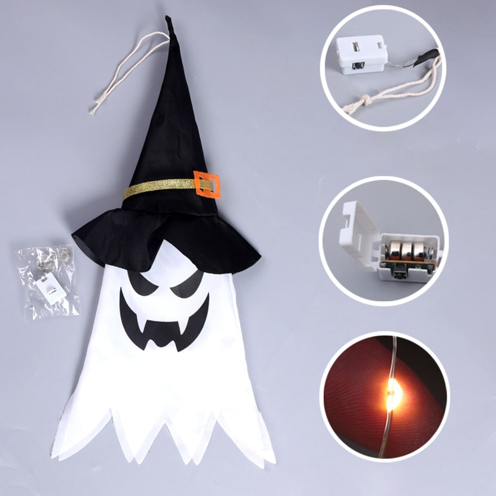 Halloween Decoration LED Flashing Light Gypsophila Ghost Festival Dress Up Glowing Wizard Ghost Hat Lamp Decor Hanging Lantern