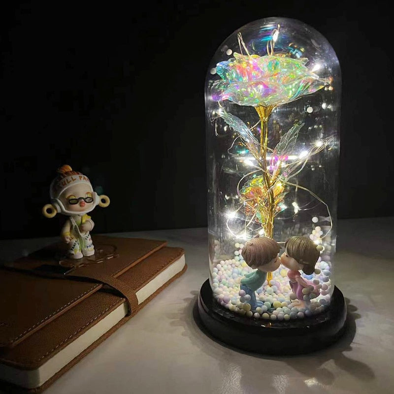 LED Enchanted Galaxy Rose Eternal 24K Gold Foil Flower with Fairy String Lights In Dome for Christmas Valentine Day Gift