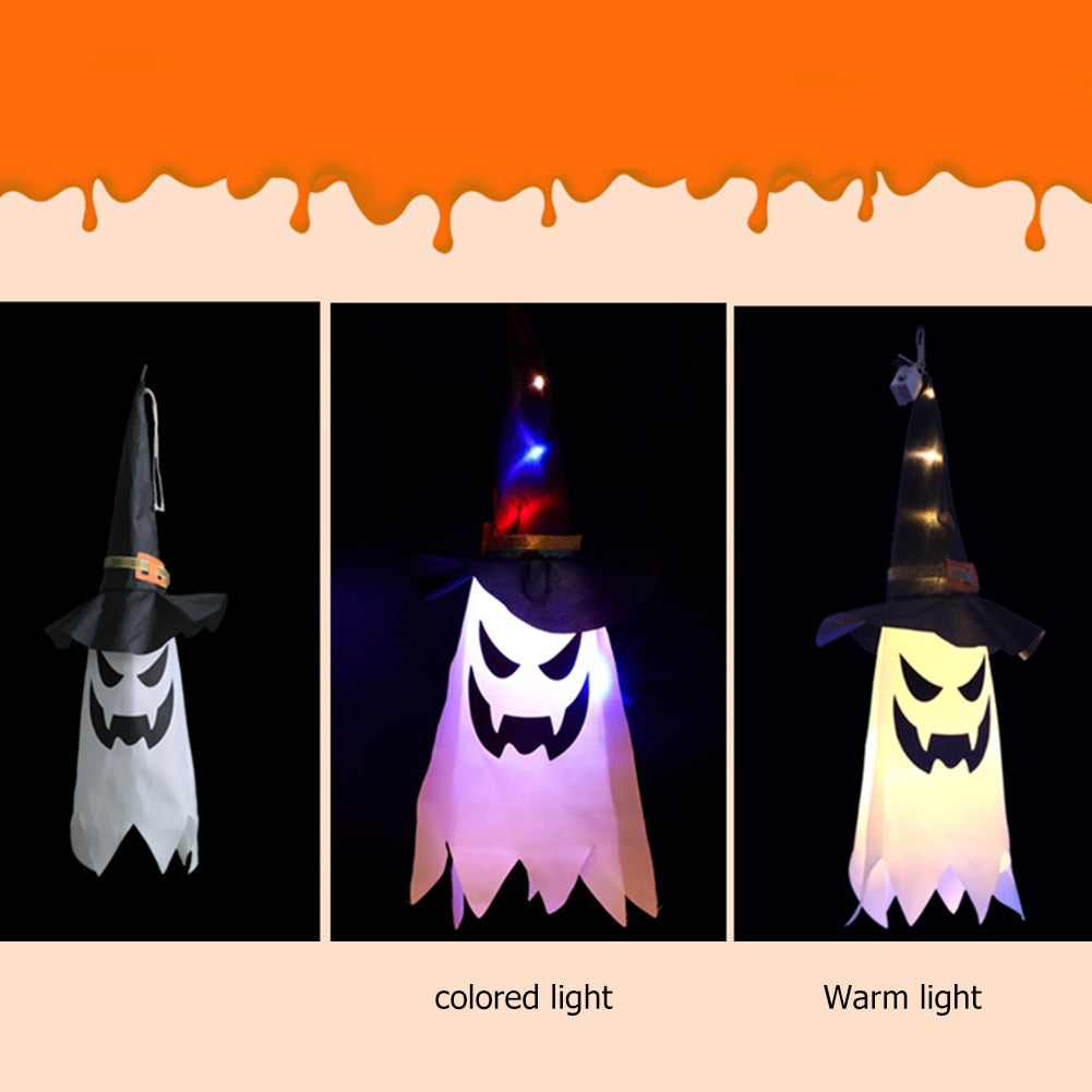 Halloween Decoration LED Flashing Light Gypsophila Ghost Festival Dress Up Glowing Wizard Ghost Hat Lamp Decor Hanging Lantern