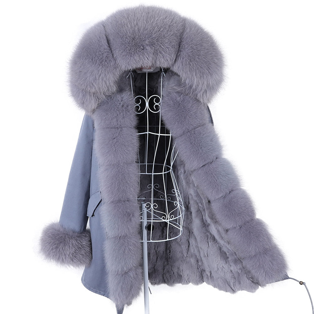 Fashion Big Fur Outerwear Detachable Winter Jacket Women Real Fur Liner Natural Real Silve Fur Collar Loose Long Parkas