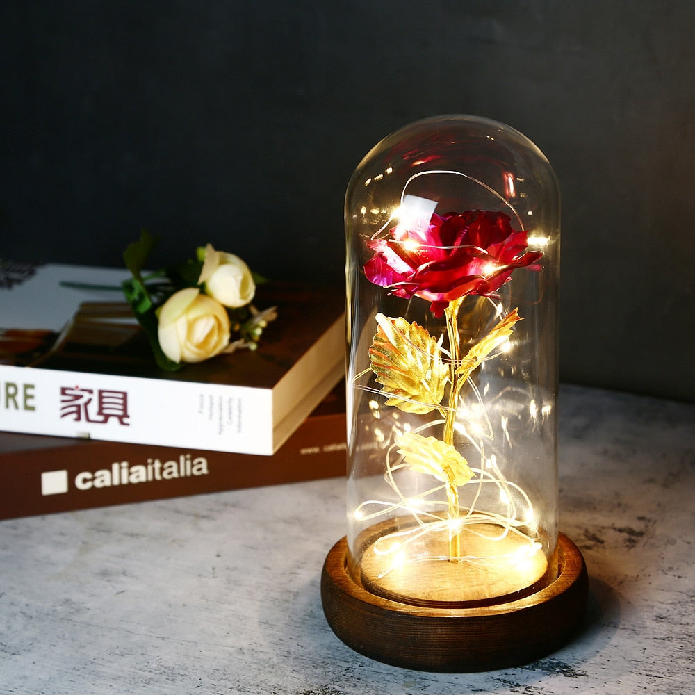 LED Enchanted Galaxy Rose Eternal 24K Gold Foil Flower With Fairy String Lights In Dome For Christmas Valentine Day Gift