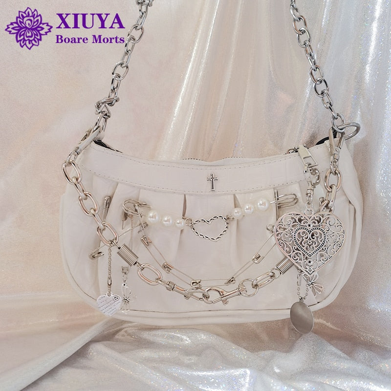 Shoulder Bag Women Vintage Cross Clip Pearl Chain Goth Bag Pleated Dumplings Handbag for Woman