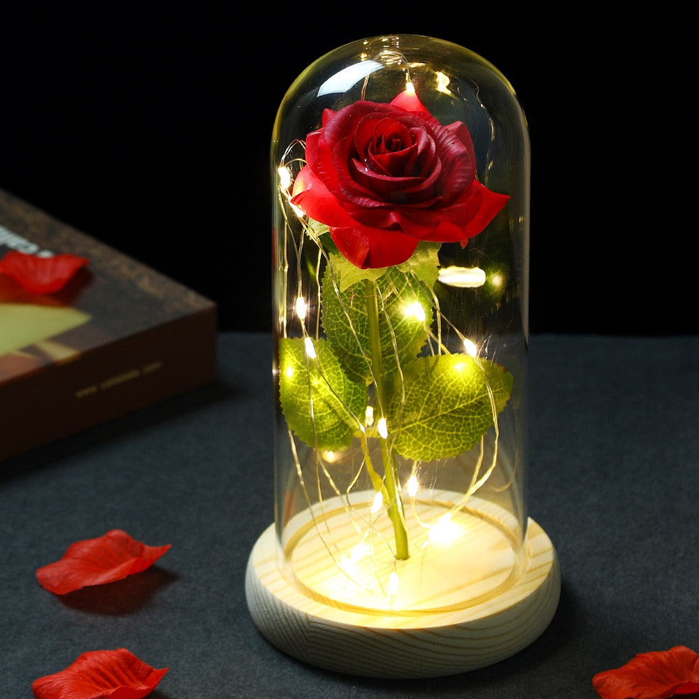 LED Enchanted Galaxy Rose Eternal 24K Gold Foil Flower With Fairy String Lights In Dome For Christmas Valentine Day Gift