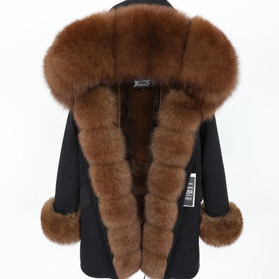 Fashion Big Fur Outerwear Detachable Winter Jacket Women Real Fur Liner Natural Real Silve Fur Collar Loose Long Parkas